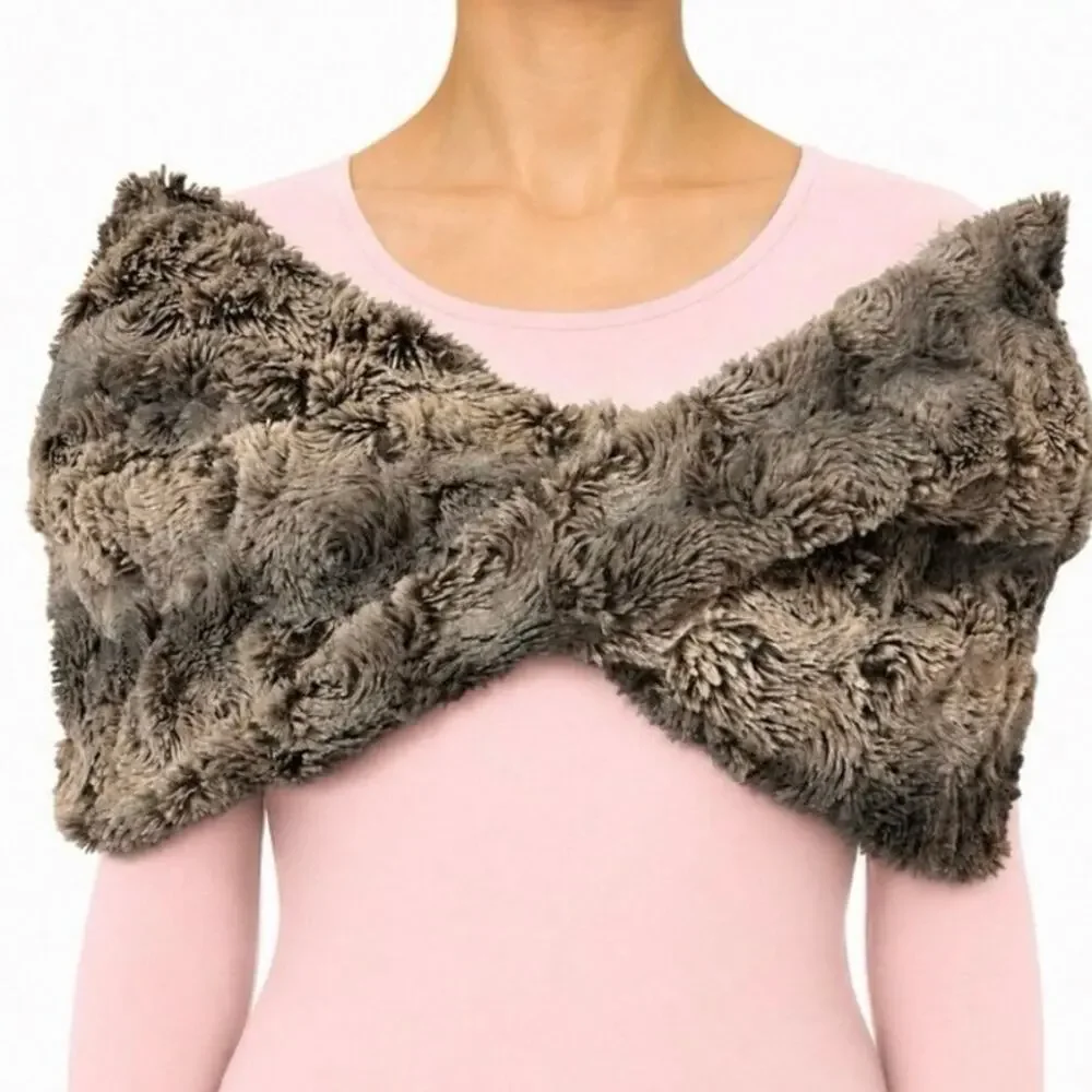 Peace & Pearls Faux fur gray-peach- brown infinity scarf and shoulder wrap NWOT